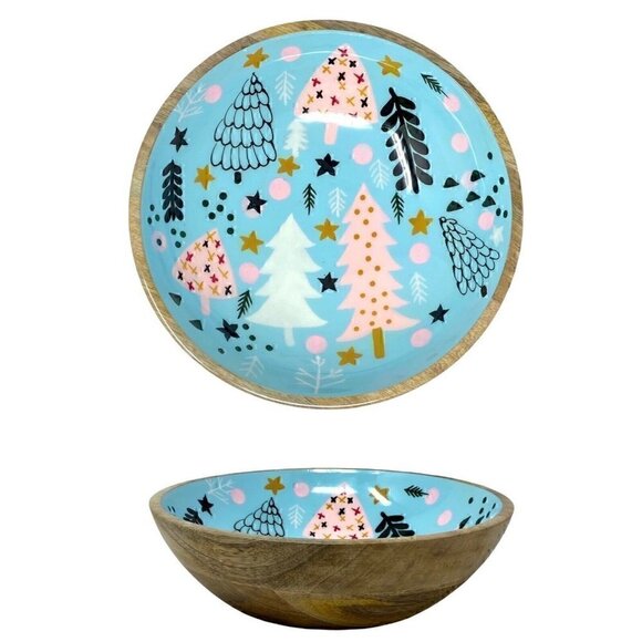 NEW Handpainted Mango Wood Scandinavian Style Christmas Serving Bowl - Picture 2 of 5